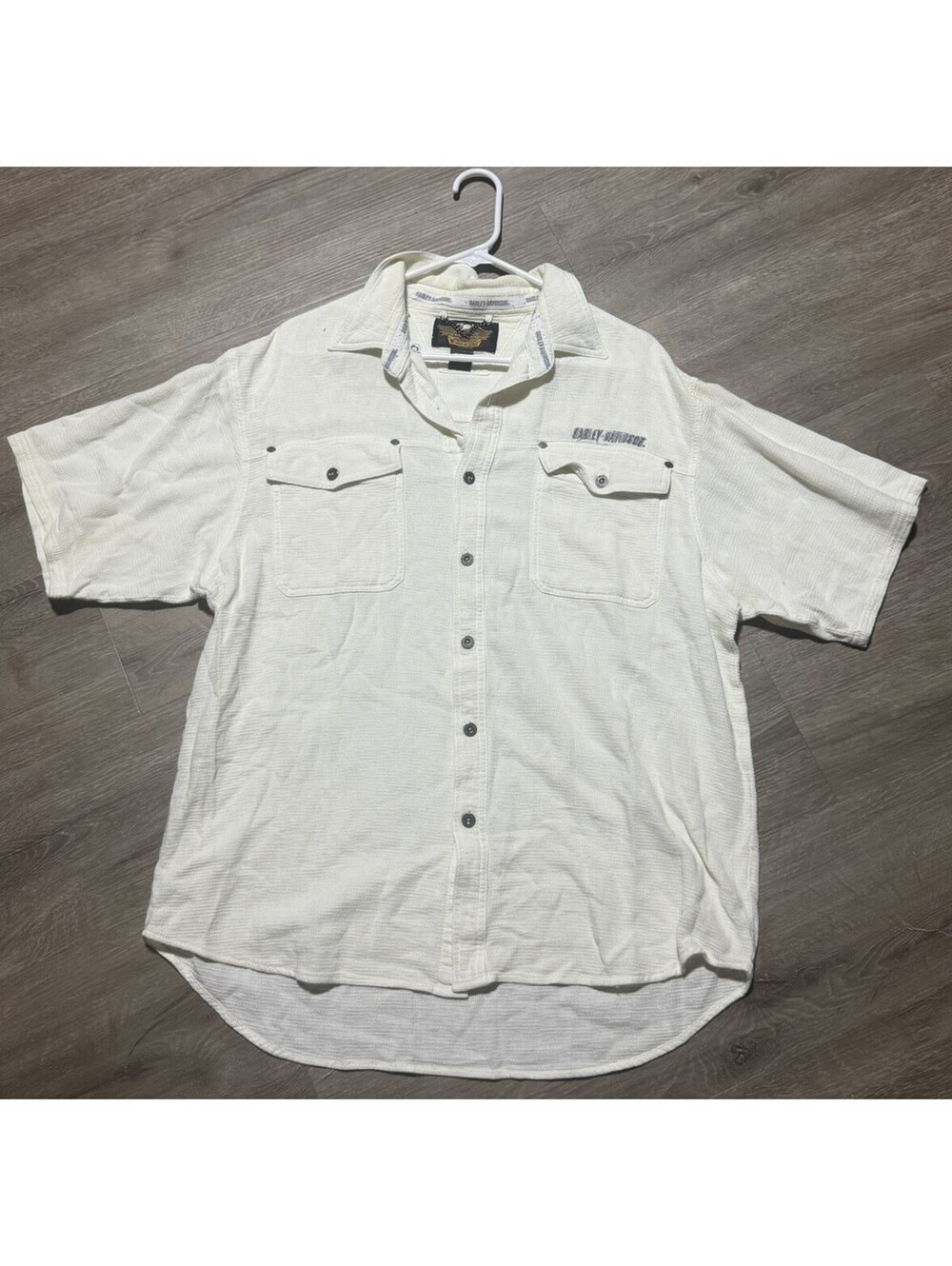 Harley-Davidson Mens Shirt Cream Size XL Cotton Short Sleeve Button Up
